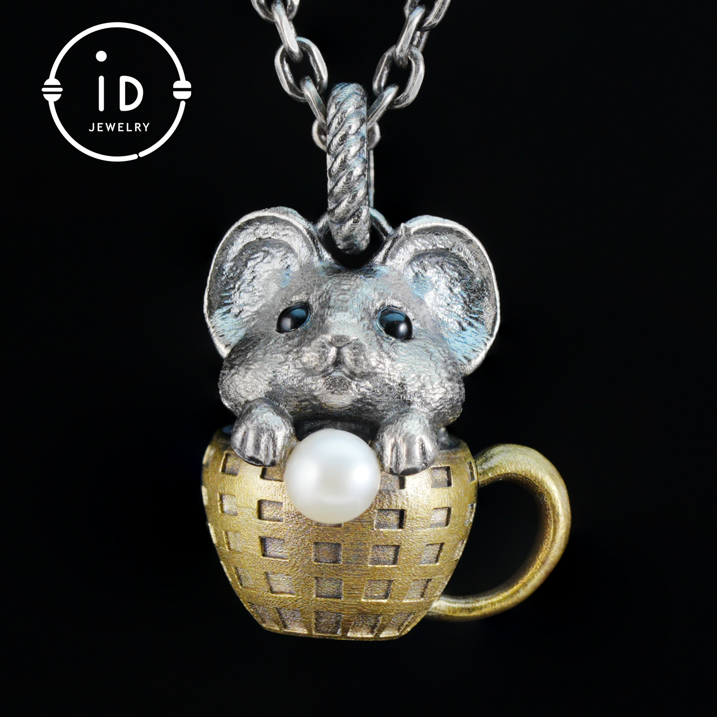 Mouse Pendant in 925 Sterling Silver with Freshwater Pearl, Oxidized Vintage Animal Necklace in Fairy Style, Handmade Jewelry Gift for Her