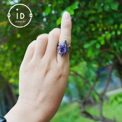 Large Amethyst Ring in 925 Sterling Silver with Dragon Head, Gothic Totem Style, Gift for Men or Fantasy Jewelry Lovers