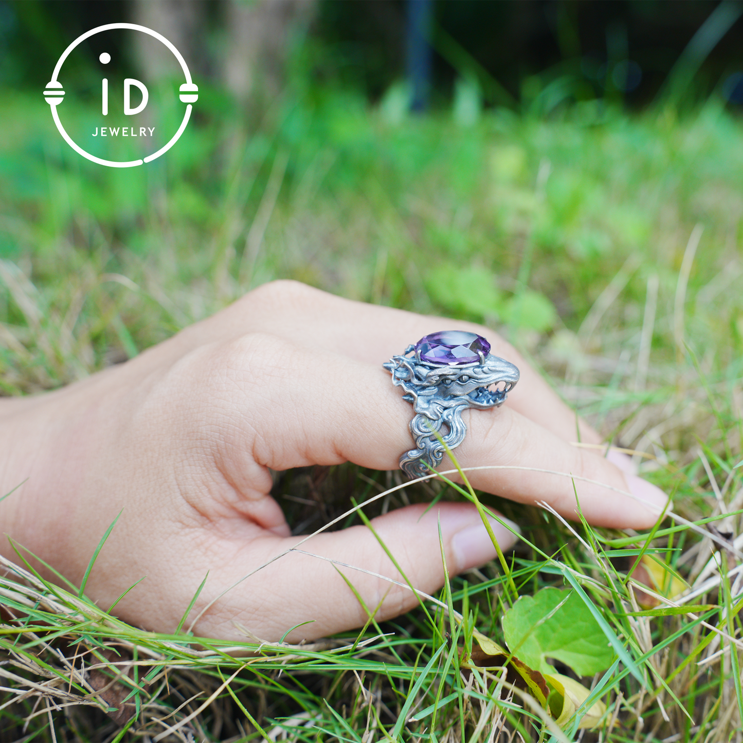 Large Amethyst Ring in 925 Sterling Silver with Dragon Head, Gothic Totem Style, Gift for Men or Fantasy Jewelry Lovers