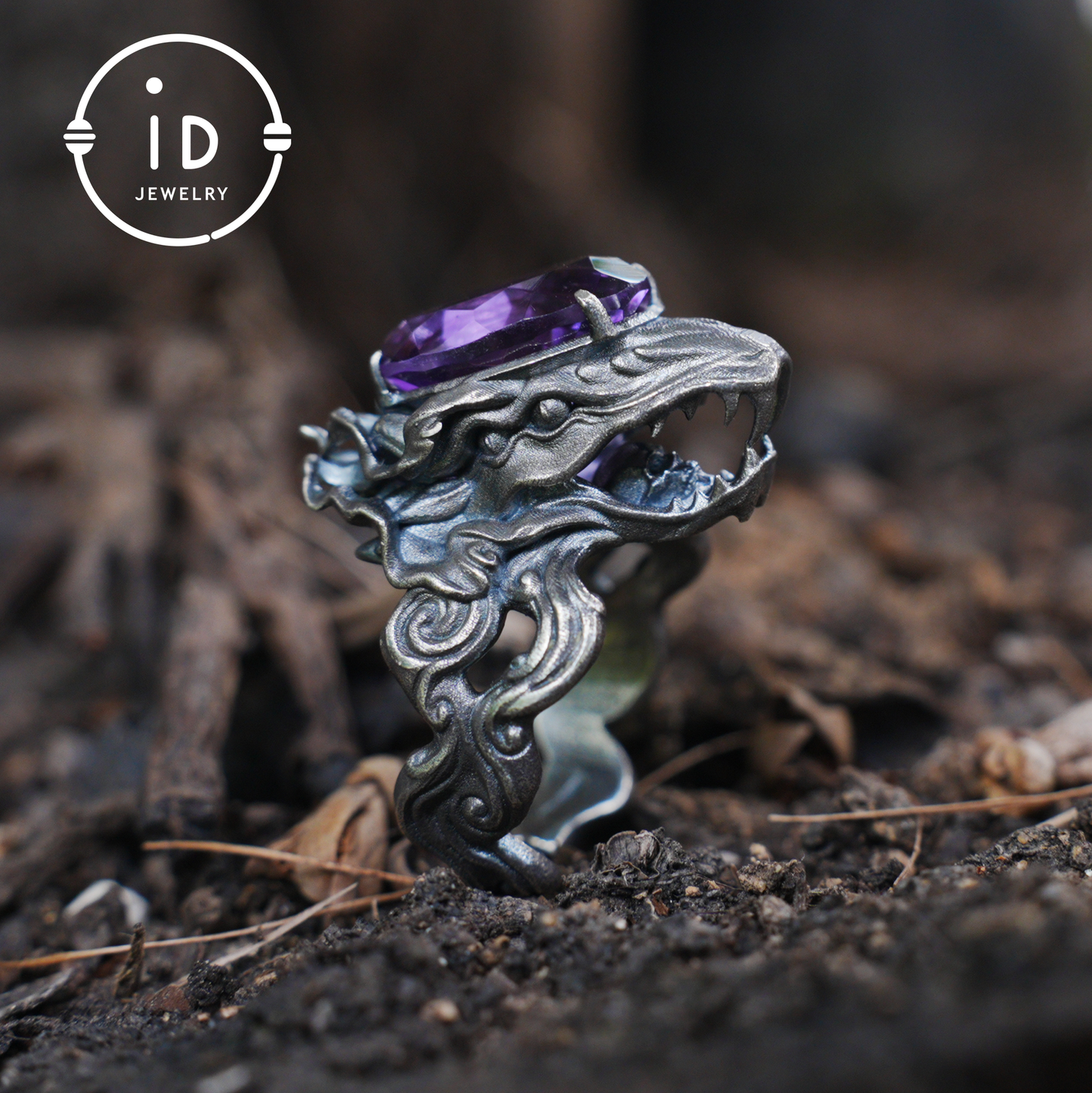 Large Amethyst Ring in 925 Sterling Silver with Dragon Head, Gothic Totem Style, Gift for Men or Fantasy Jewelry Lovers