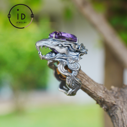 Large Amethyst Ring in 925 Sterling Silver with Dragon Head, Gothic Totem Style, Gift for Men or Fantasy Jewelry Lovers
