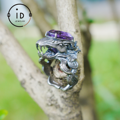 Large Amethyst Ring in 925 Sterling Silver with Dragon Head, Gothic Totem Style, Gift for Men or Fantasy Jewelry Lovers