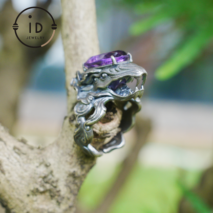 Large Amethyst Ring in 925 Sterling Silver with Dragon Head, Gothic Totem Style, Gift for Men or Fantasy Jewelry Lovers