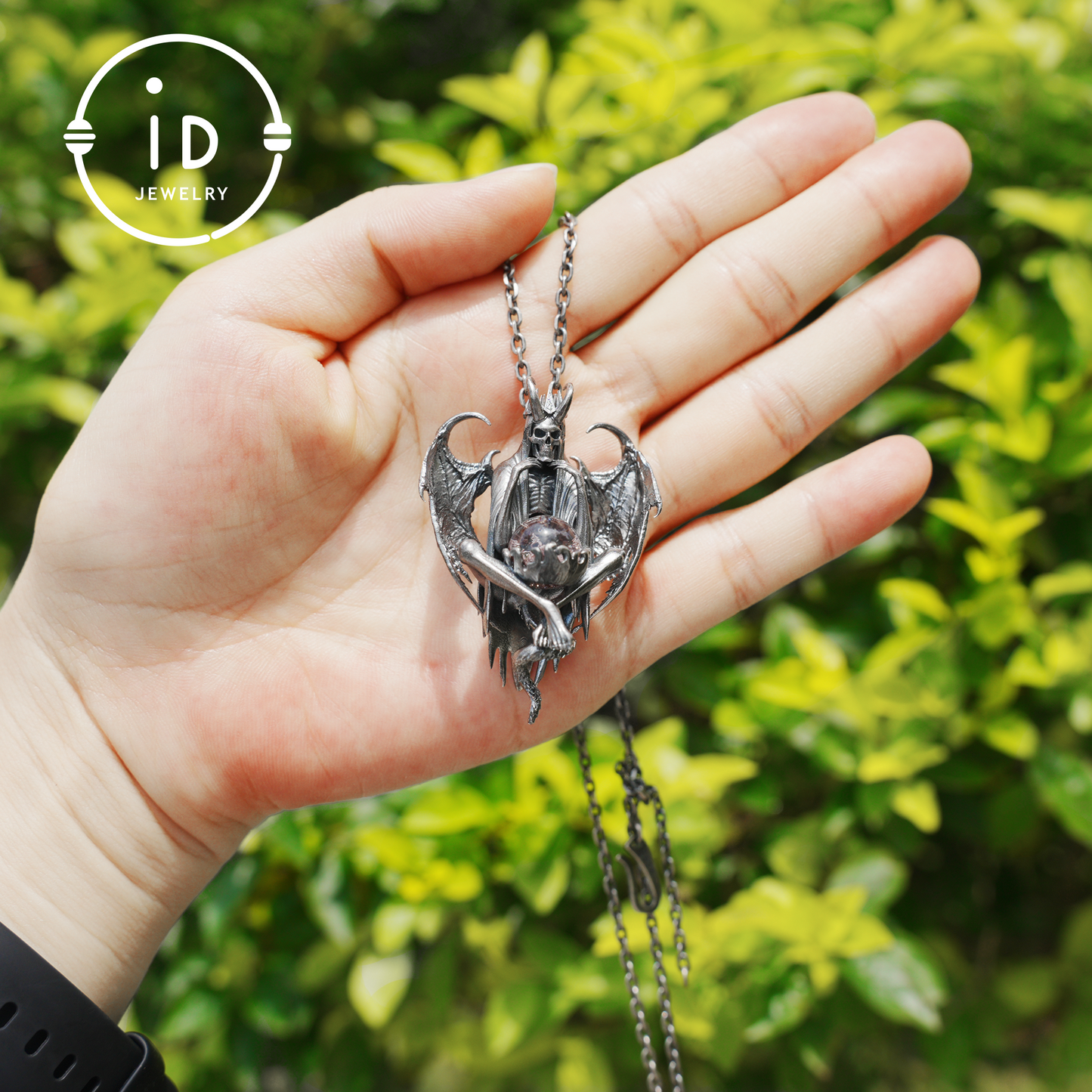 Gothic pendant with ghost crystal in oxidized 925 silver totem design gift for her statement necklace birthday