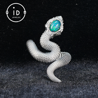 Opal Snake Ring Silver Gothic Adjustable Totem Jewelry Gift for Her Vintage Style Serpent Gemstone Ring Nature Inspired Statement