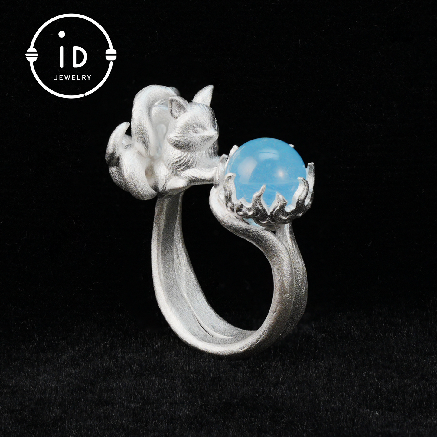 Silver Fox Ring in 925 Silver with Aquamarine Cabochon, Adjustable Statement Ring with Nine-Tailed Fox Design in Naturecore Fairy Style