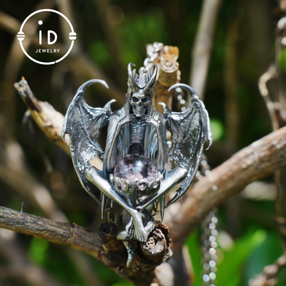 Gothic pendant with ghost crystal in oxidized 925 silver totem design gift for her statement necklace birthday