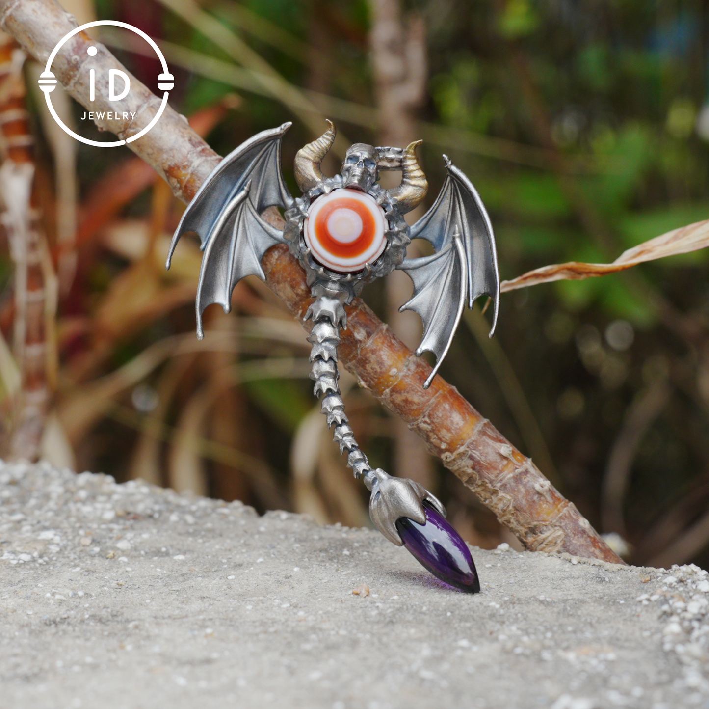 Gothic Totem Pendant | Amethyst Drop & Opal Eye | Handmade 925 Silver & Brass Necklace for Him