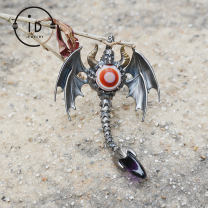 Gothic Totem Pendant | Amethyst Drop & Opal Eye | Handmade 925 Silver & Brass Necklace for Him