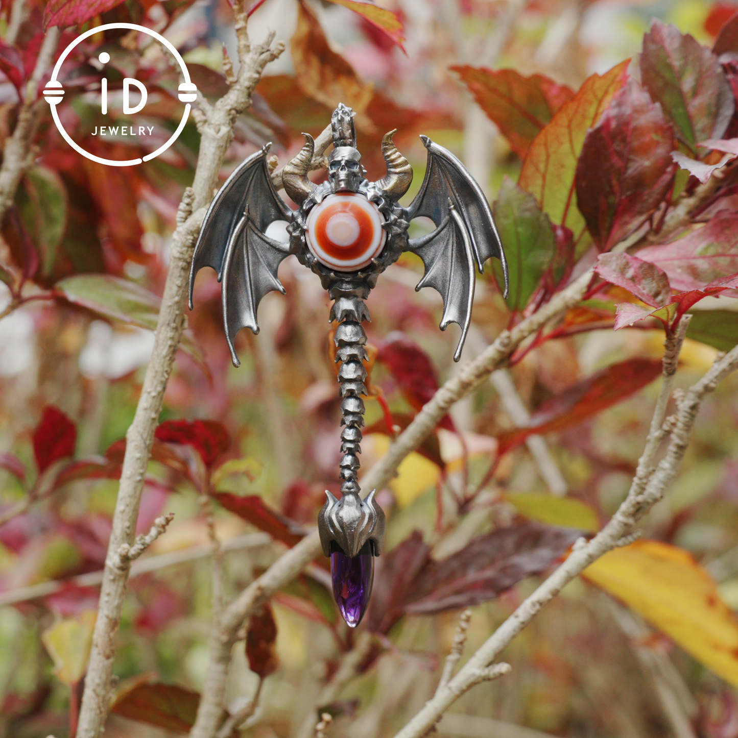 Gothic Totem Pendant | Amethyst Drop & Opal Eye | Handmade 925 Silver & Brass Necklace for Him