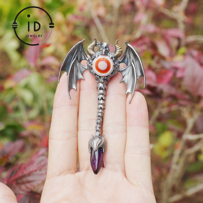 Gothic Totem Pendant | Amethyst Drop & Opal Eye | Handmade 925 Silver & Brass Necklace for Him