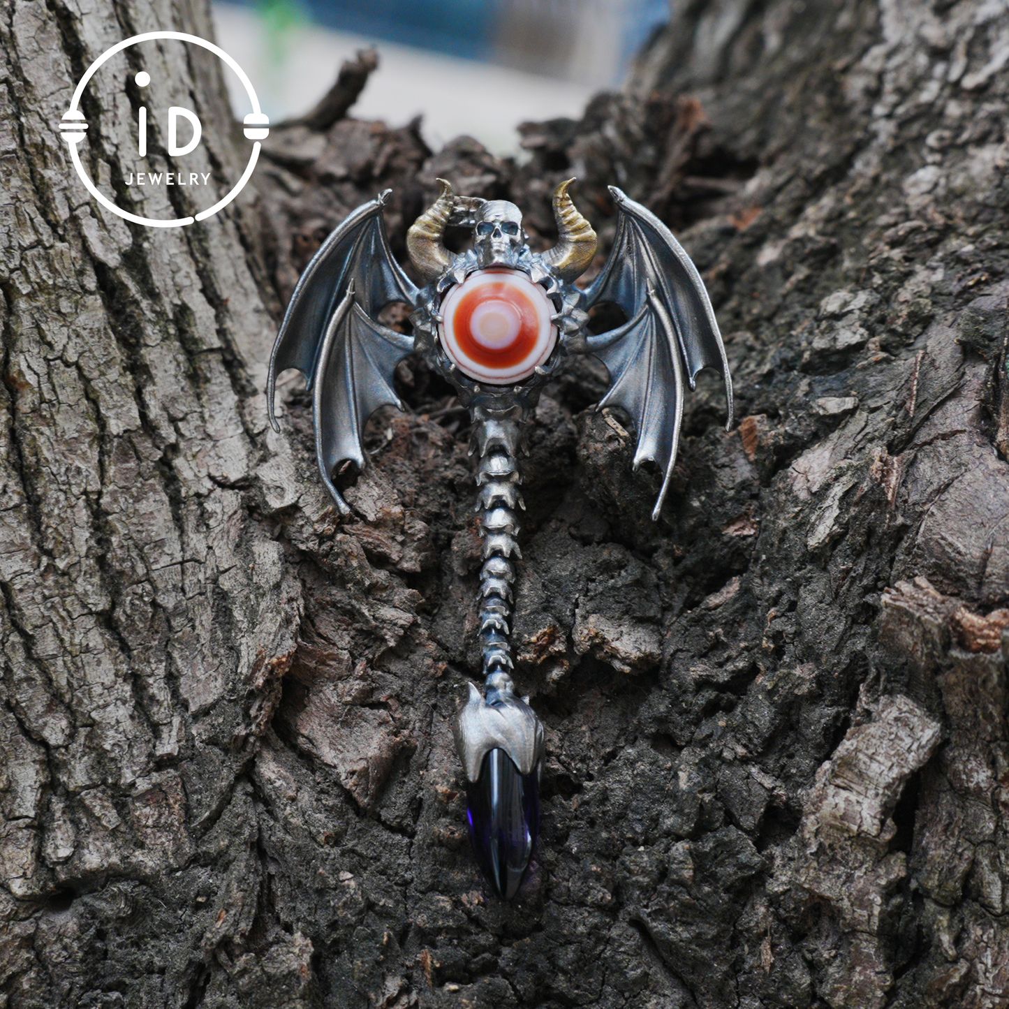 Gothic Totem Pendant | Amethyst Drop & Opal Eye | Handmade 925 Silver & Brass Necklace for Him