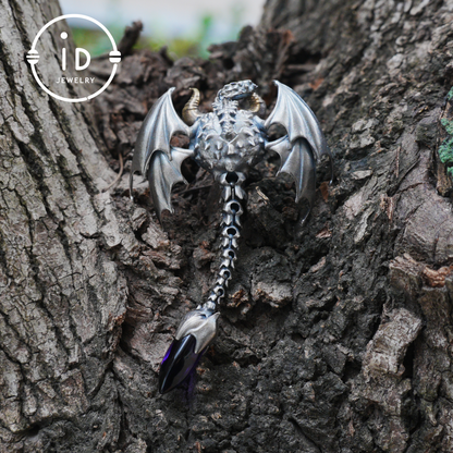 Gothic Totem Pendant | Amethyst Drop & Opal Eye | Handmade 925 Silver & Brass Necklace for Him