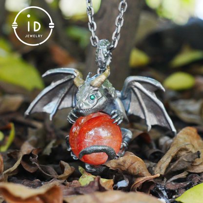 Handcrafted Dragon Pendant with Orange Crystal in 925 Silver, Gothic Fantasy Style, Talisman Gift for Men & Women