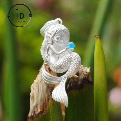 Silver Mermaid Pendant with Blue Chalcedony in 925 Silver, Fairy Fantasy Necklace for Women, Handmade Jewelry Gift for Birthday or Christmas