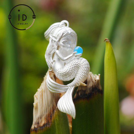 Silver Mermaid Pendant with Blue Chalcedony in 925 Silver, Fairy Fantasy Necklace for Women, Handmade Jewelry Gift for Birthday or Christmas