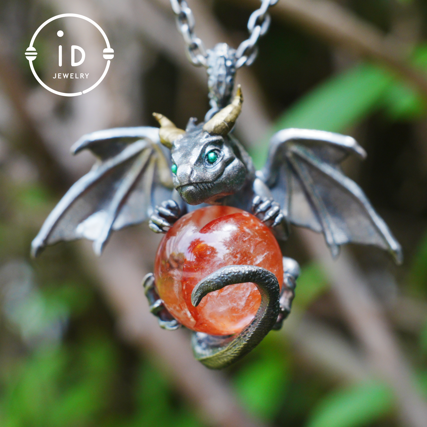 Handcrafted Dragon Pendant with Orange Crystal in 925 Silver, Gothic Fantasy Style, Talisman Gift for Men & Women