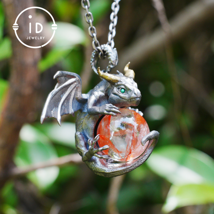 Handcrafted Dragon Pendant with Orange Crystal in 925 Silver, Gothic Fantasy Style, Talisman Gift for Men & Women