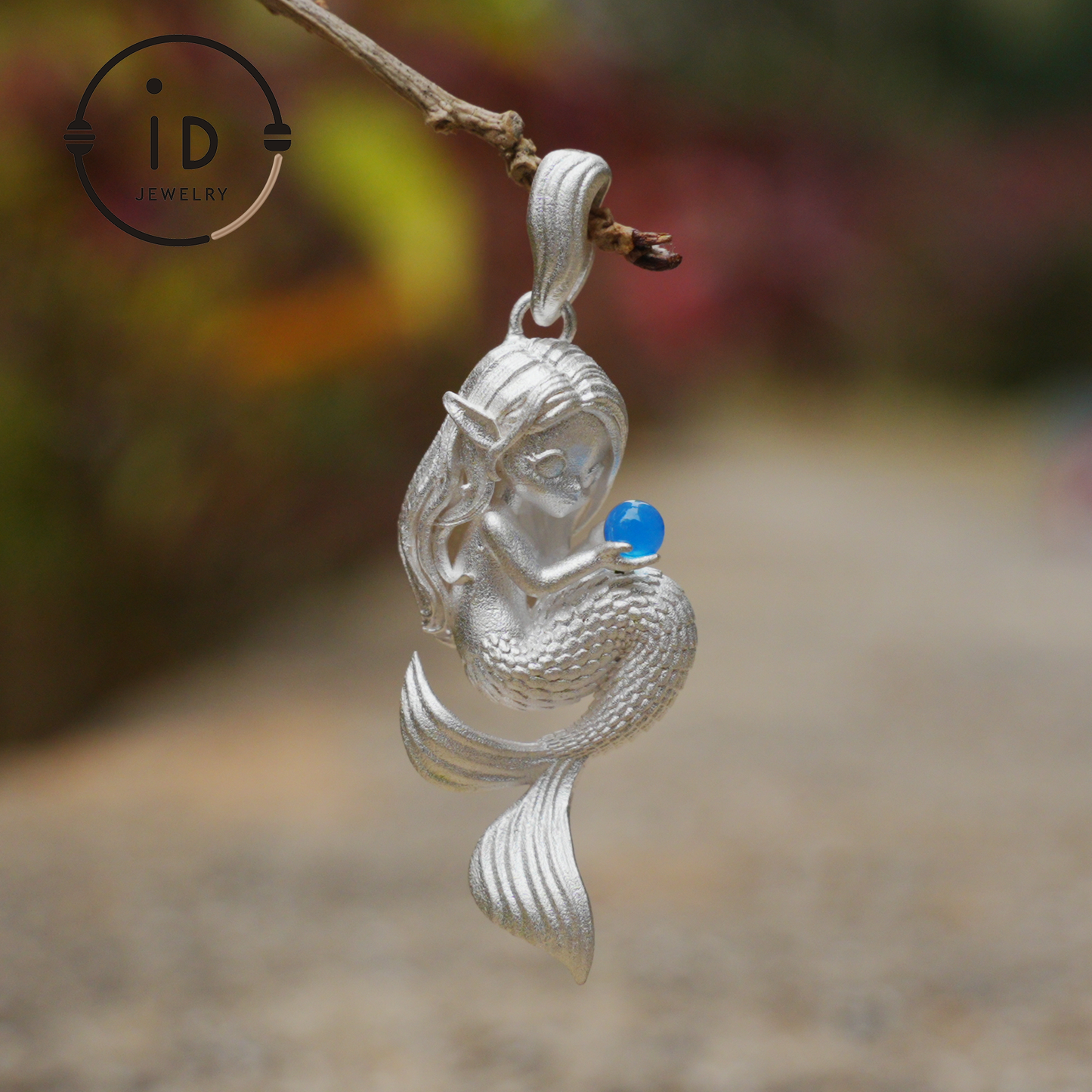 Silver Mermaid Pendant with Blue Chalcedony in 925 Silver, Fairy Fantasy Necklace for Women, Handmade Jewelry Gift for Birthday or Christmas