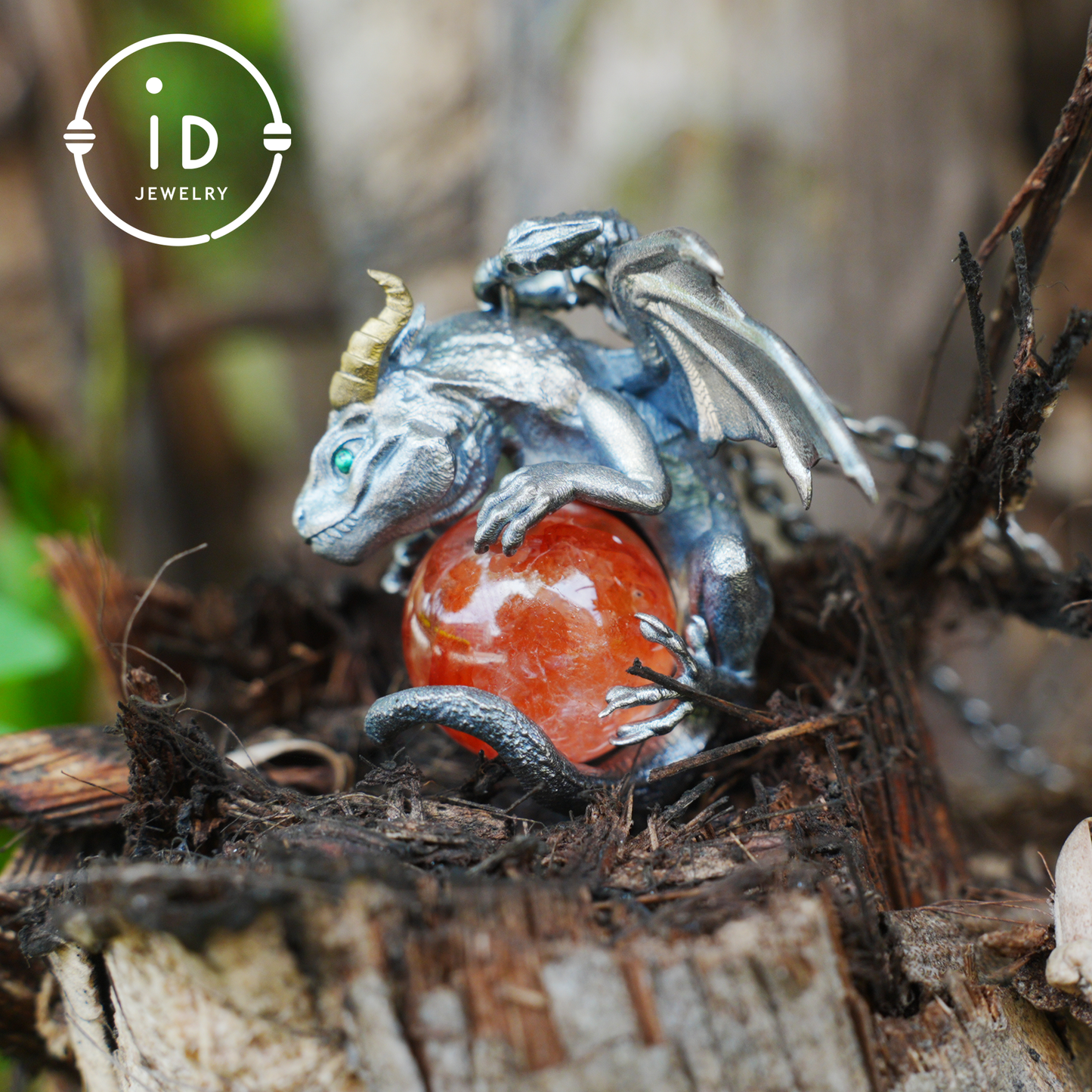 Handcrafted Dragon Pendant with Orange Crystal in 925 Silver, Gothic Fantasy Style, Talisman Gift for Men & Women