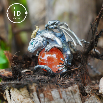 Handcrafted Dragon Pendant with Orange Crystal in 925 Silver, Gothic Fantasy Style, Talisman Gift for Men & Women