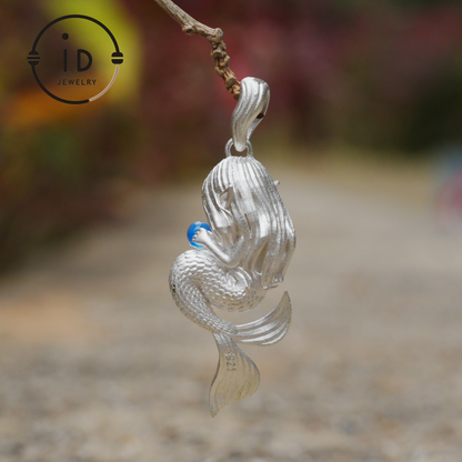 Silver Mermaid Pendant with Blue Chalcedony in 925 Silver, Fairy Fantasy Necklace for Women, Handmade Jewelry Gift for Birthday or Christmas