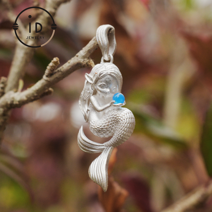 Silver Mermaid Pendant with Blue Chalcedony in 925 Silver, Fairy Fantasy Necklace for Women, Handmade Jewelry Gift for Birthday or Christmas