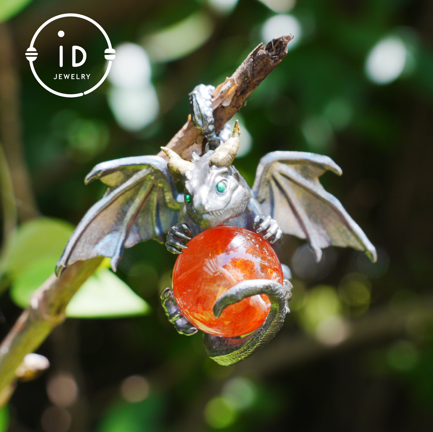 Handcrafted Dragon Pendant with Orange Crystal in 925 Silver, Gothic Fantasy Style, Talisman Gift for Men & Women