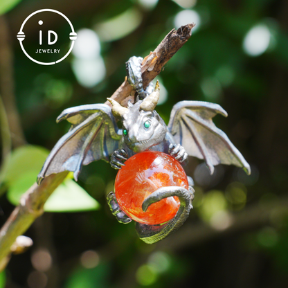 Handcrafted Dragon Pendant with Orange Crystal in 925 Silver, Gothic Fantasy Style, Talisman Gift for Men & Women