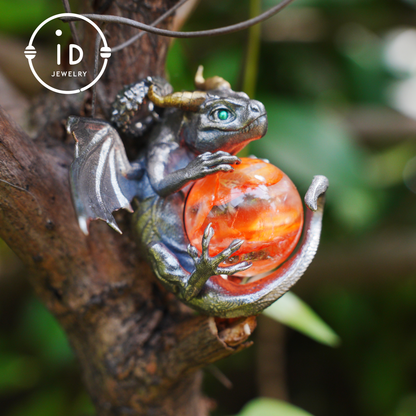 Handcrafted Dragon Pendant with Orange Crystal in 925 Silver, Gothic Fantasy Style, Talisman Gift for Men & Women