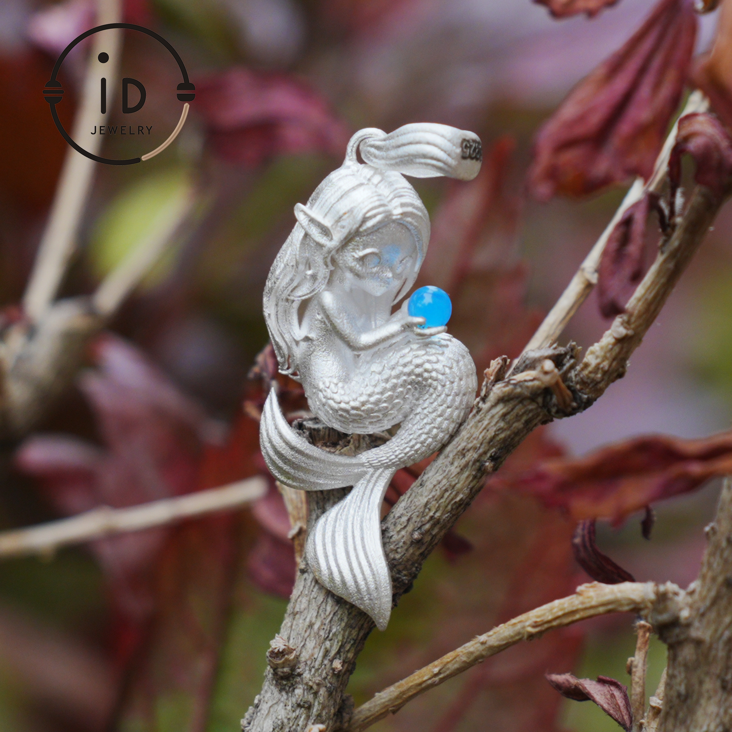 Silver Mermaid Pendant with Blue Chalcedony in 925 Silver, Fairy Fantasy Necklace for Women, Handmade Jewelry Gift for Birthday or Christmas