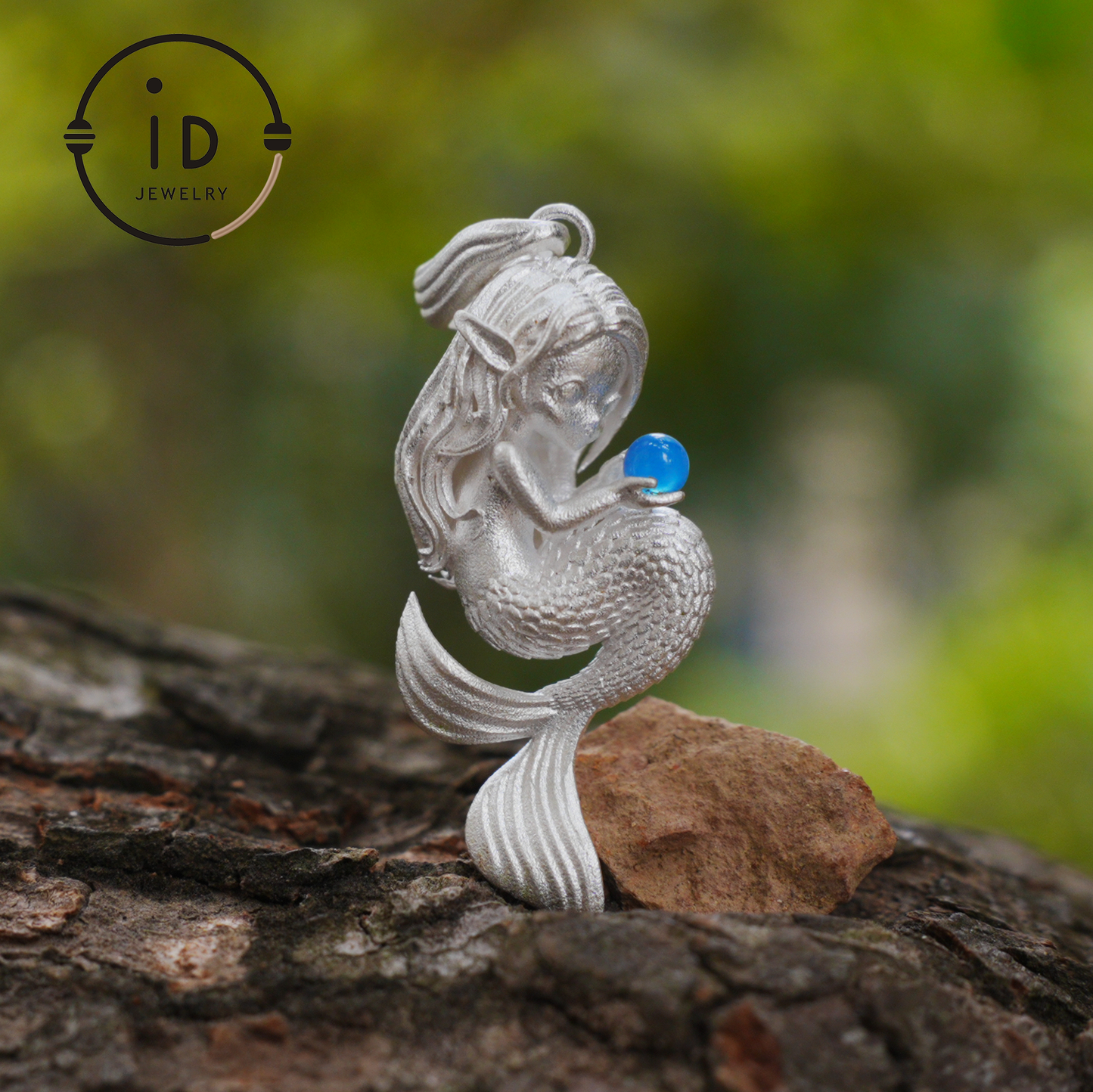 Silver Mermaid Pendant with Blue Chalcedony in 925 Silver, Fairy Fantasy Necklace for Women, Handmade Jewelry Gift for Birthday or Christmas