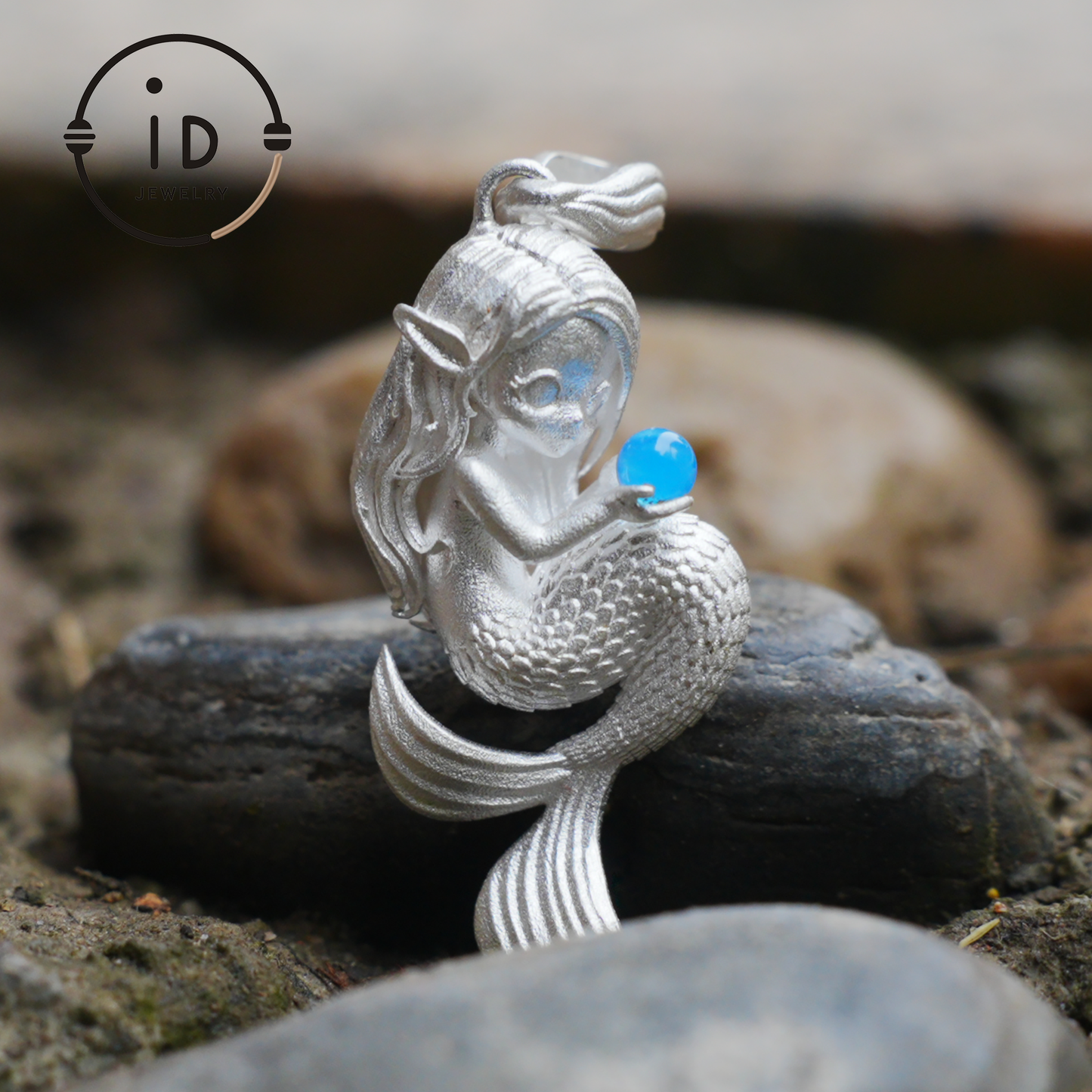 Silver Mermaid Pendant with Blue Chalcedony in 925 Silver, Fairy Fantasy Necklace for Women, Handmade Jewelry Gift for Birthday or Christmas