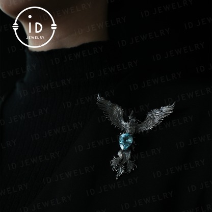 Handmade Phoenix Necklace with Aquamarine | Mystical Symbol | Vintage Fantasy Jewelry