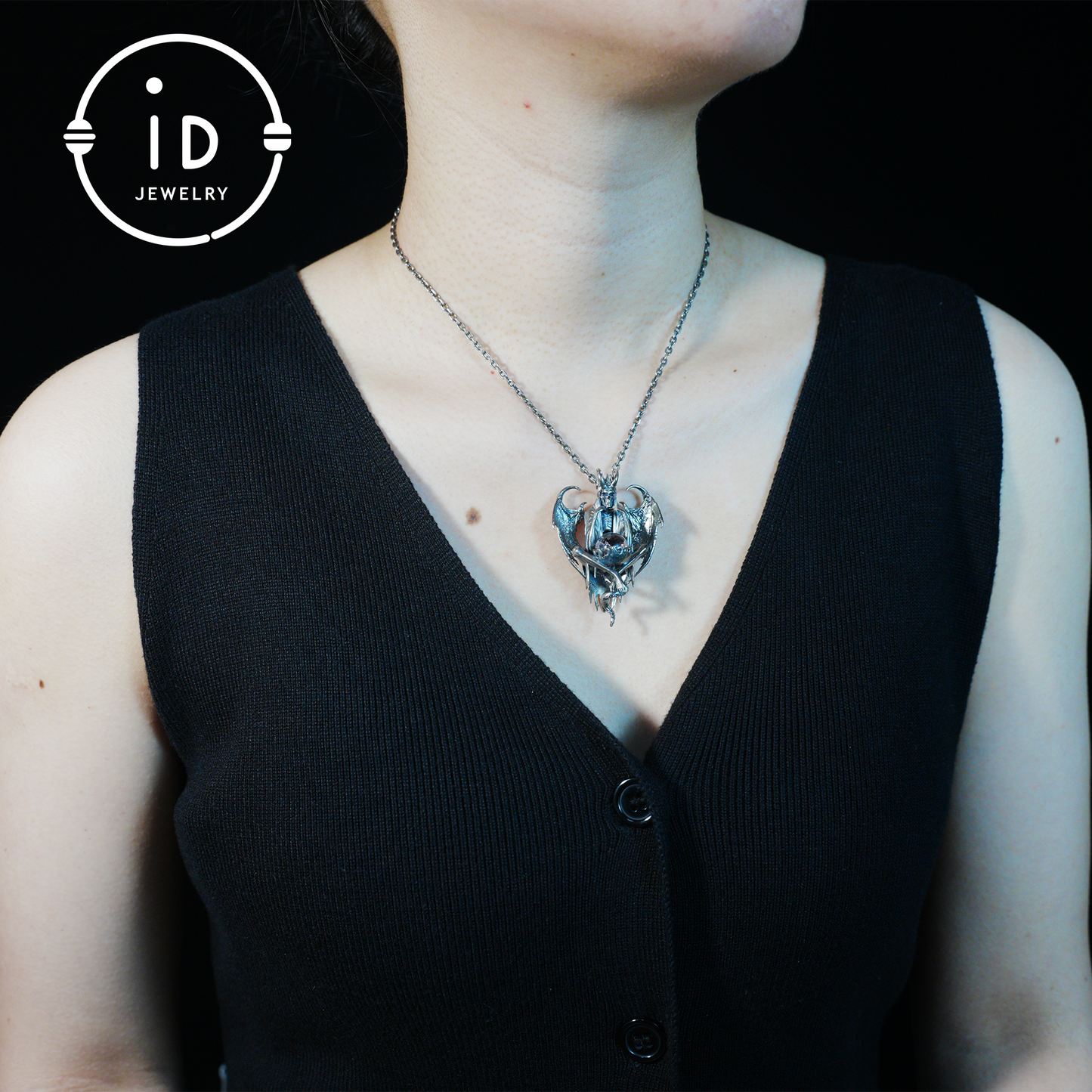 Gothic pendant with ghost crystal in oxidized 925 silver totem design gift for her statement necklace birthday