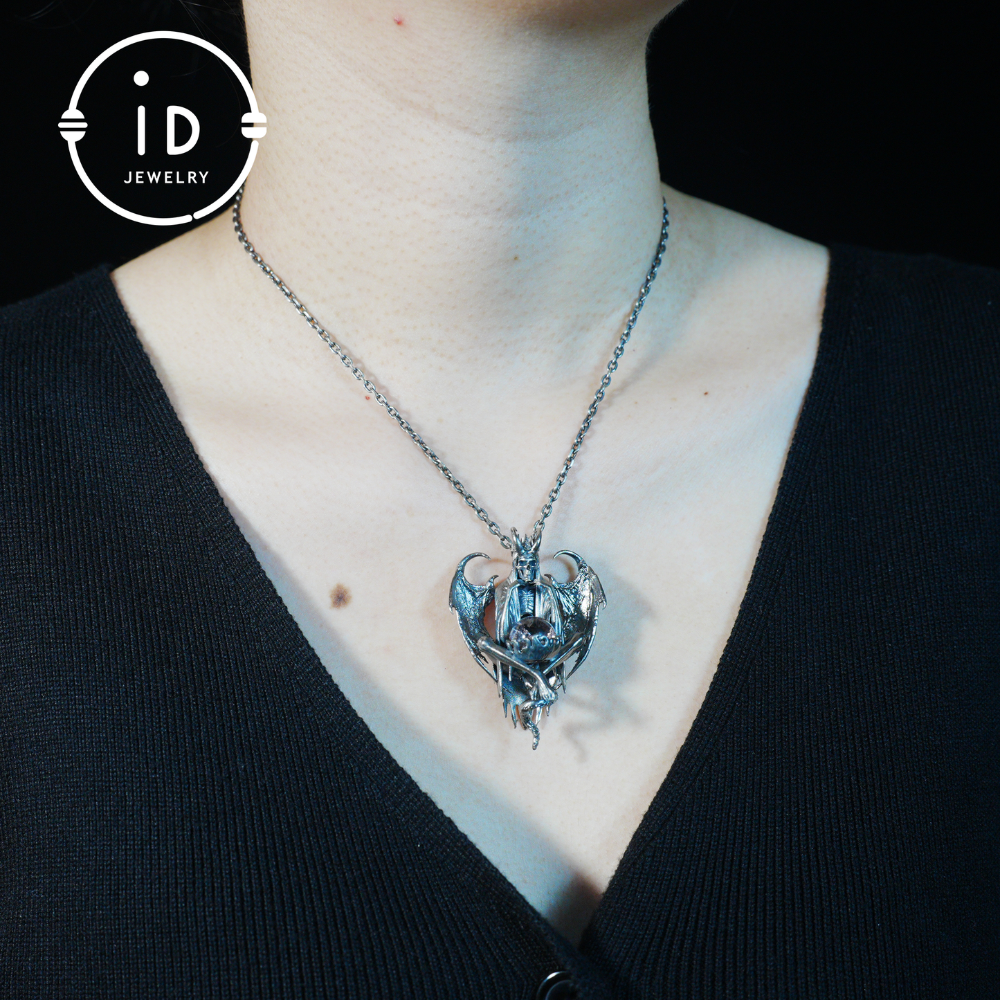 Gothic pendant with ghost crystal in oxidized 925 silver totem design gift for her statement necklace birthday