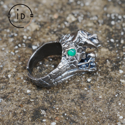 Adjustable Snake Ring Silver Gothic Tribal Totem Jewelry with Green Jade Symbolic Statement Ring Unique Gift for Men and Women