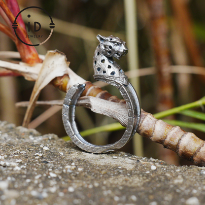 Adjustable Leopard Ring in Oxidized 925 Sterling Silver, Gothic Animal Head Statement Ring Gift for Her