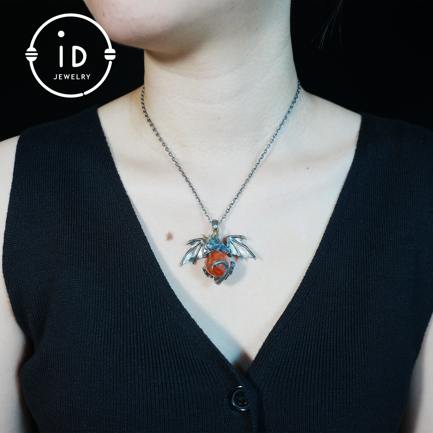 Handcrafted Dragon Pendant with Orange Crystal in 925 Silver, Gothic Fantasy Style, Talisman Gift for Men & Women