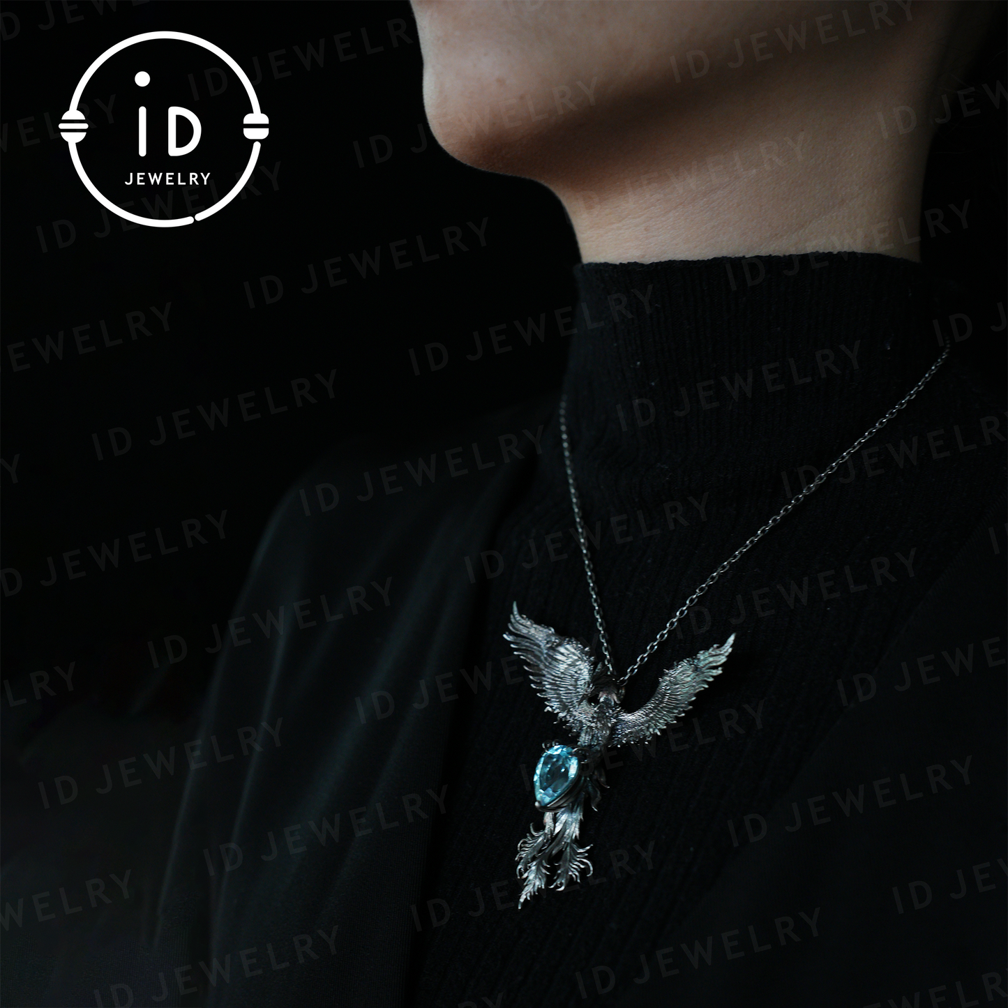 Handmade Phoenix Necklace with Aquamarine | Mystical Symbol | Vintage Fantasy Jewelry