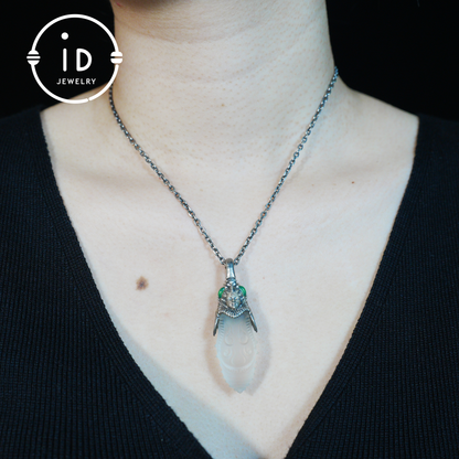Carved Rock Crystal Pendant in 925 Silver with Green Chalcedony in Gothic Totem Style, Gift for Her or Spiritual Jewelry Lovers