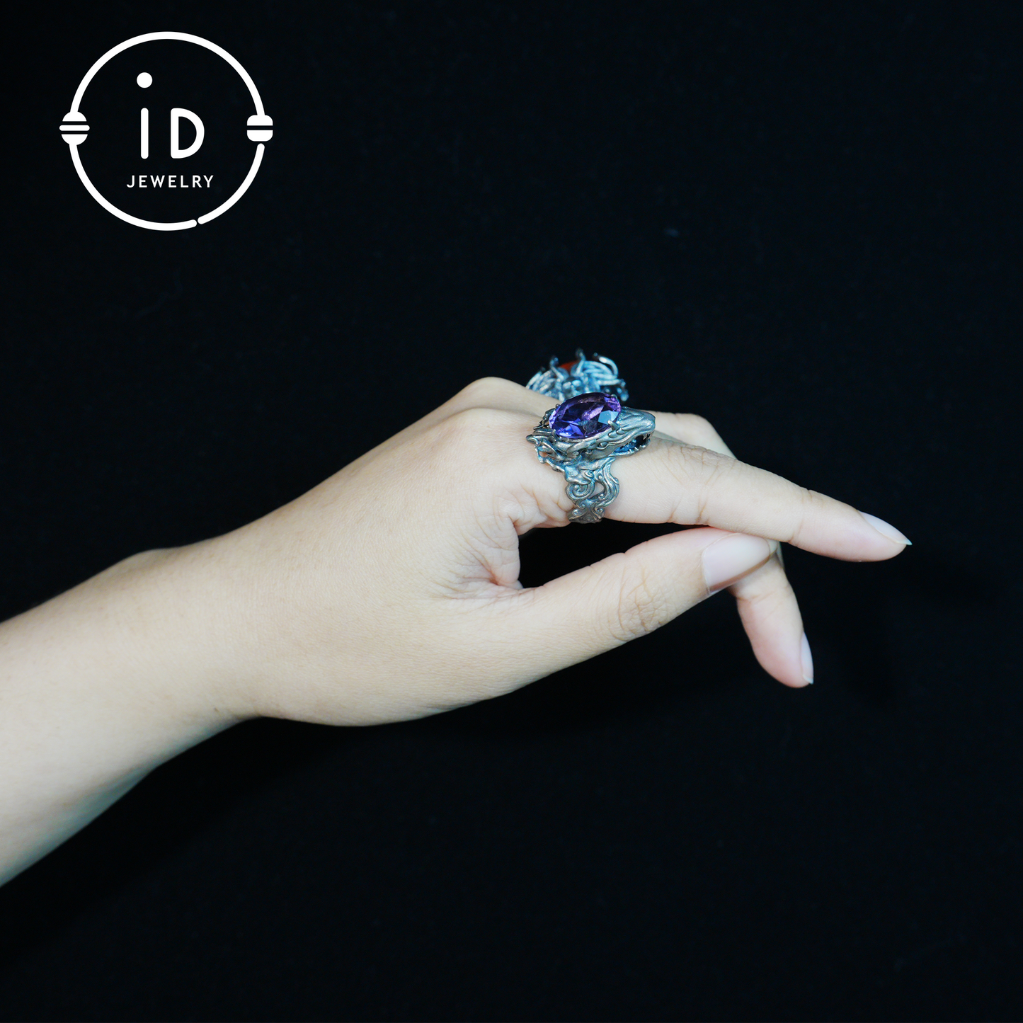 Large Amethyst Ring in 925 Sterling Silver with Dragon Head, Gothic Totem Style, Gift for Men or Fantasy Jewelry Lovers