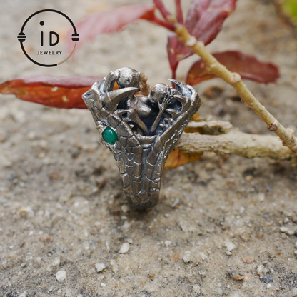Adjustable Snake Ring Silver Gothic Tribal Totem Jewelry with Green Jade Symbolic Statement Ring Unique Gift for Men and Women