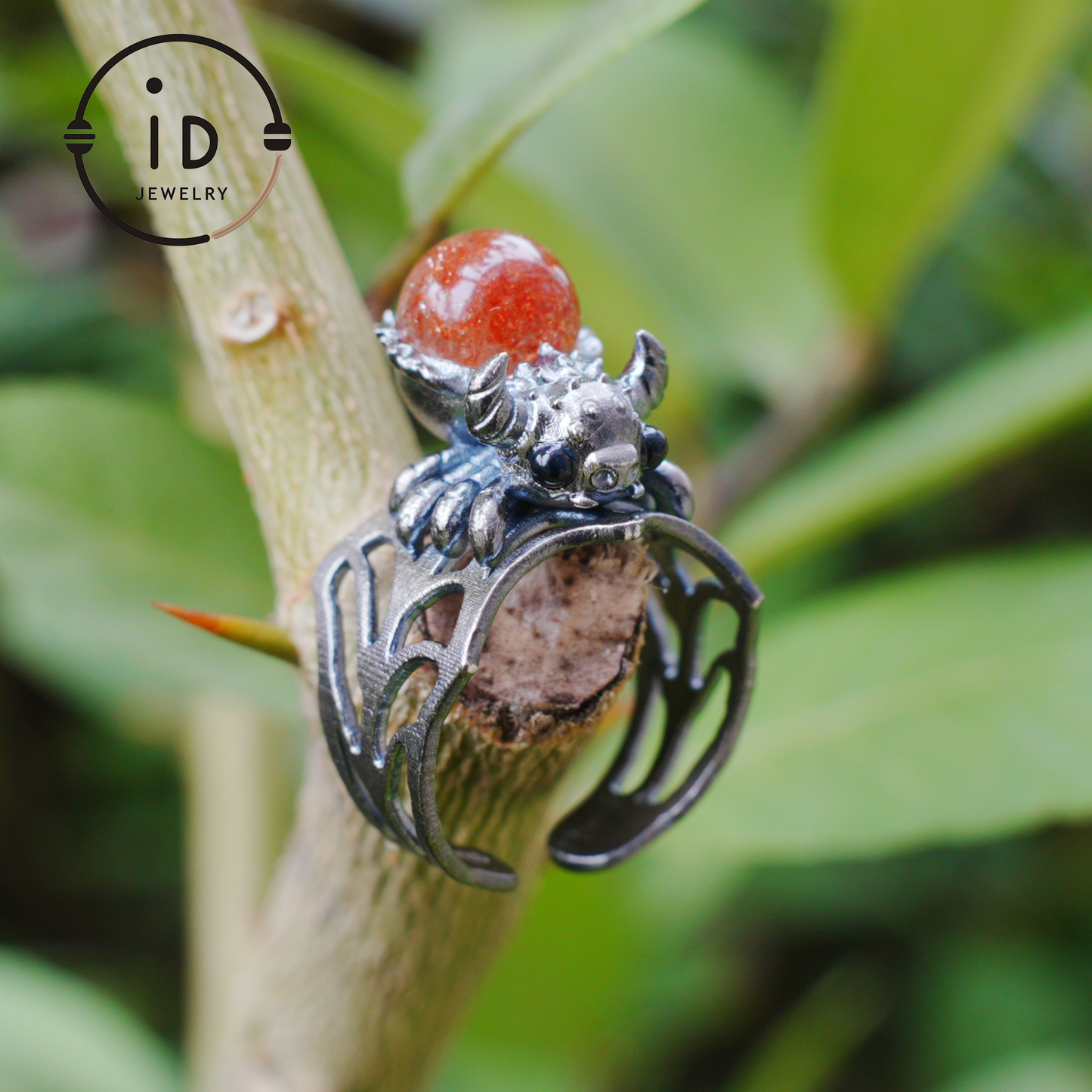 Spider Ring in 925 Silver with Round Sunstone and Black Agate Eyes, Oxidized Vintage Animal Jewelry Ring for Women, Gift Idea