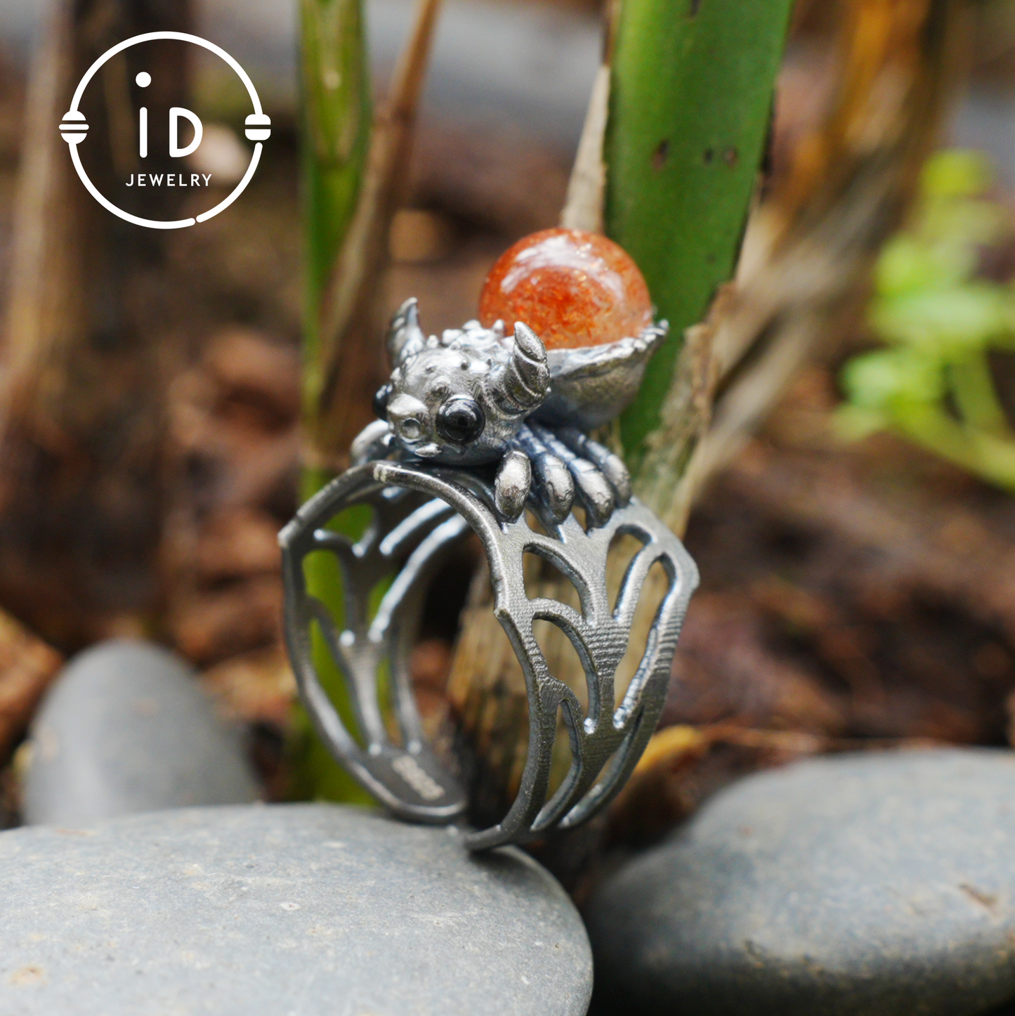 Spider Ring in 925 Silver with Round Sunstone and Black Agate Eyes, Oxidized Vintage Animal Jewelry Ring for Women, Gift Idea