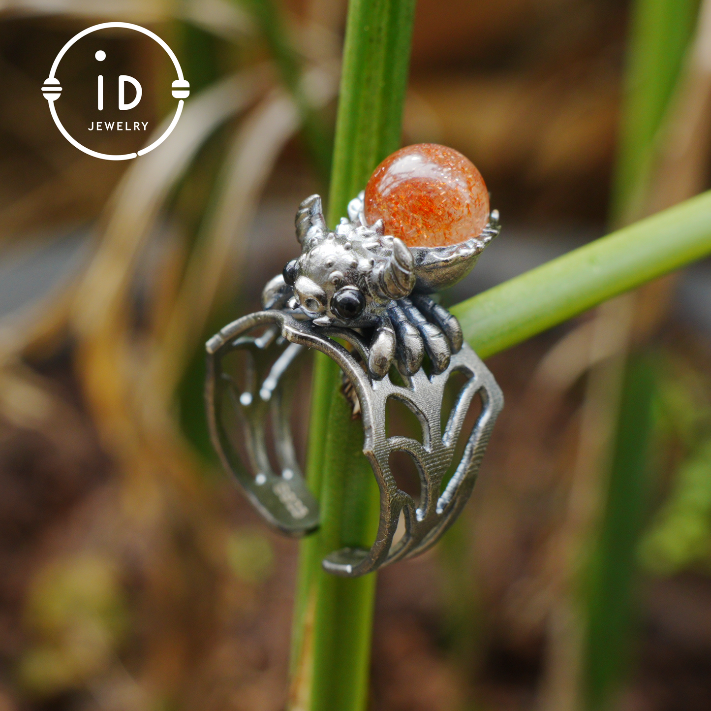 Spider Ring in 925 Silver with Round Sunstone and Black Agate Eyes, Oxidized Vintage Animal Jewelry Ring for Women, Gift Idea