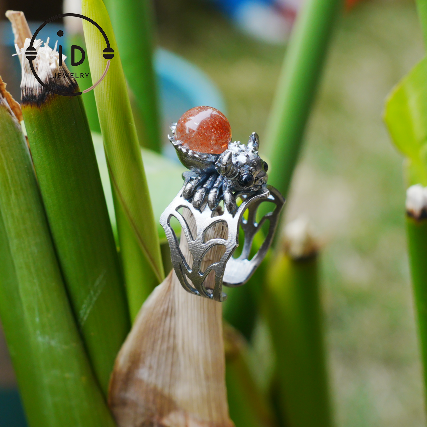 Spider Ring in 925 Silver with Round Sunstone and Black Agate Eyes, Oxidized Vintage Animal Jewelry Ring for Women, Gift Idea