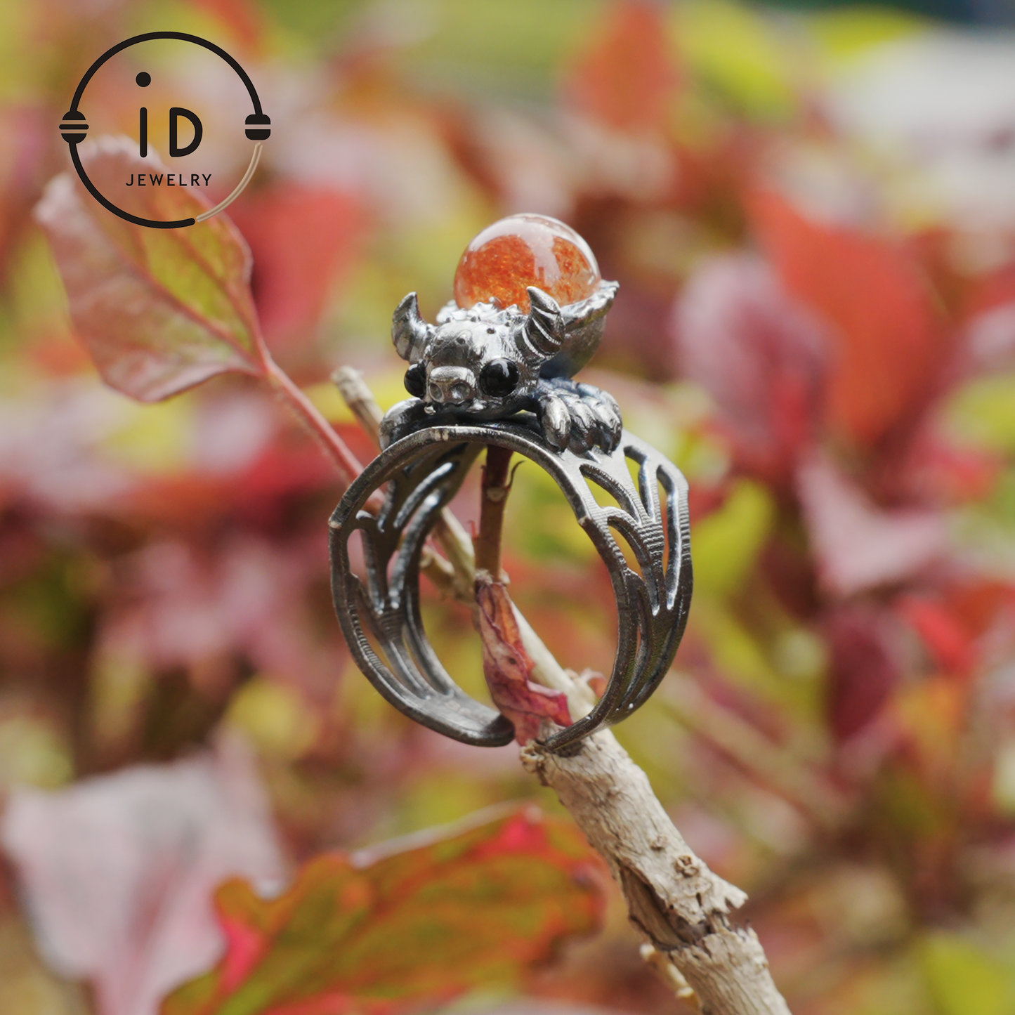Spider Ring in 925 Silver with Round Sunstone and Black Agate Eyes, Oxidized Vintage Animal Jewelry Ring for Women, Gift Idea