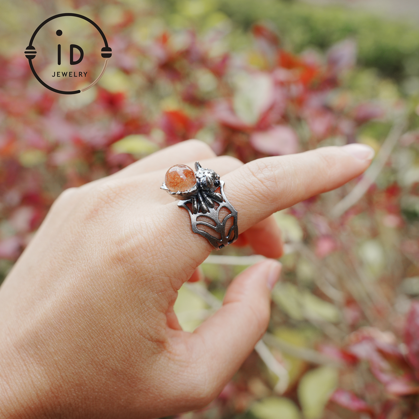 Spider Ring in 925 Silver with Round Sunstone and Black Agate Eyes, Oxidized Vintage Animal Jewelry Ring for Women, Gift Idea