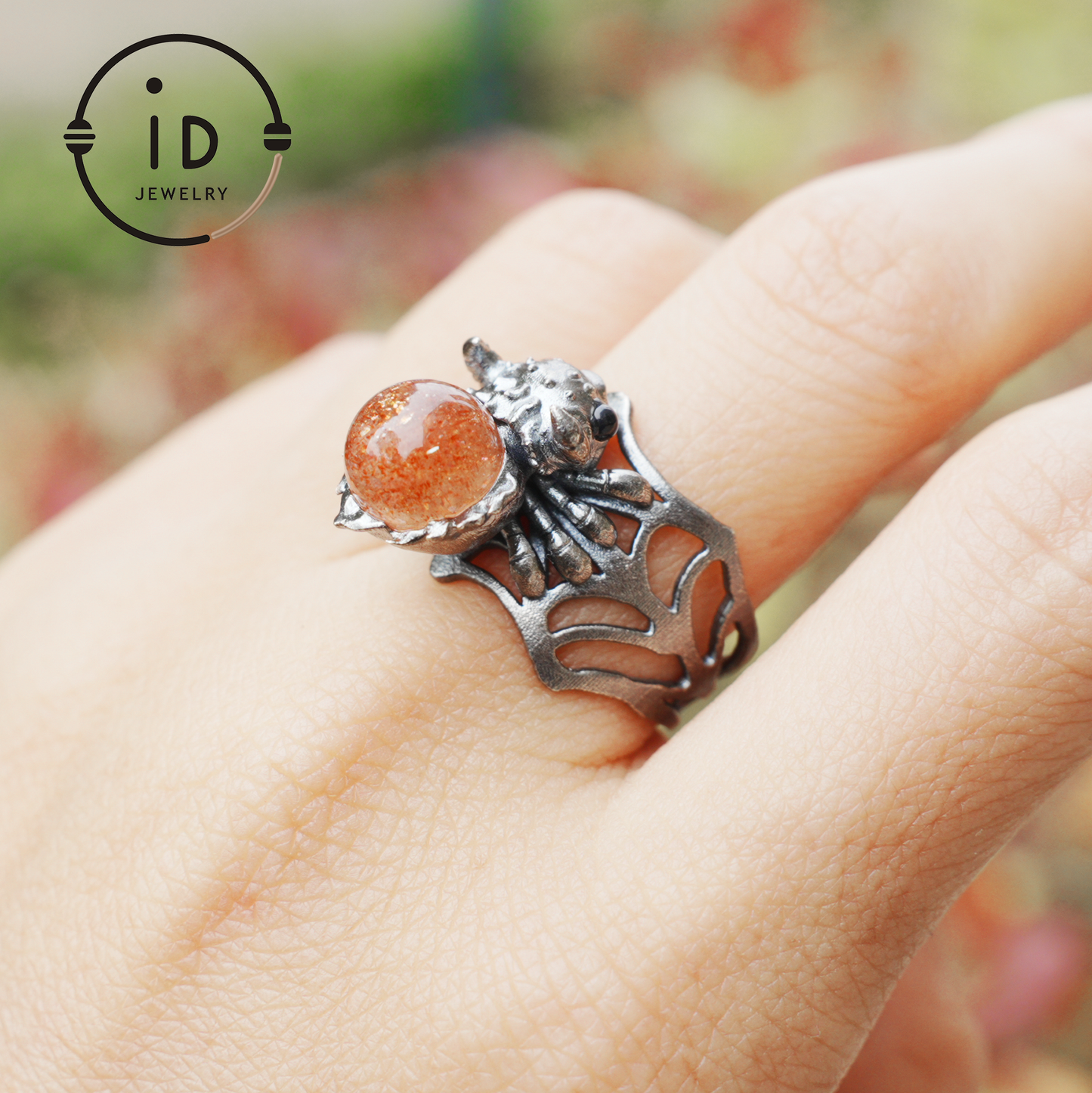 Spider Ring in 925 Silver with Round Sunstone and Black Agate Eyes, Oxidized Vintage Animal Jewelry Ring for Women, Gift Idea